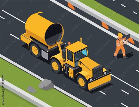 Yellow Steamroller For Paving Asphalt Road Work In D Isometric Scene