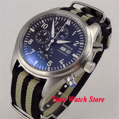 Mm Parnis Watch Men Waterproof Steel Blue Dial Chronograph Date Week