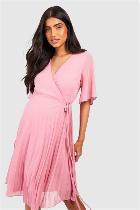 Maternity Pleated Wrap Midi Skater Dress Boohoo Uk