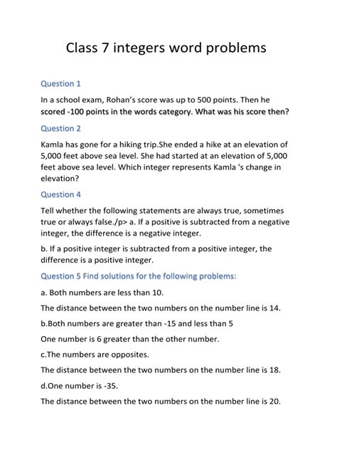 Integers Word Problems Grade Ppt Worksheets Library