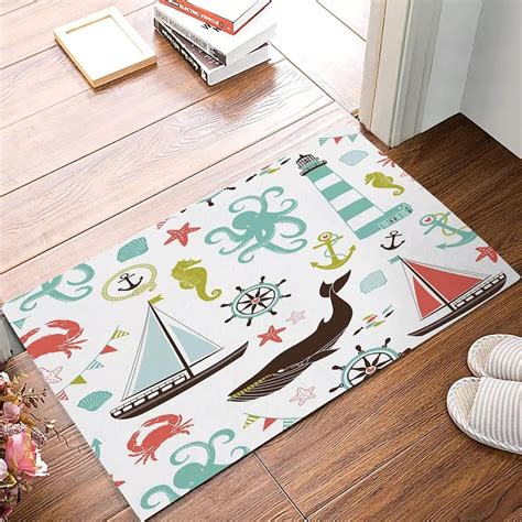 Door Mat Welcome Mat Beach Theme Whale Starfish Seashell Boat Tower