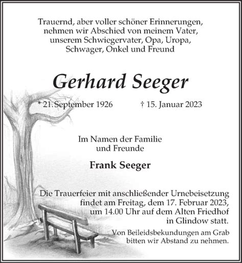 Traueranzeigen Von Gerhard Seeger Trauer Anzeigen De