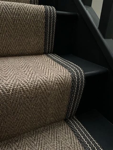 Sisal Pewter Herringbone Stair Runner With Black Herringbone Striped