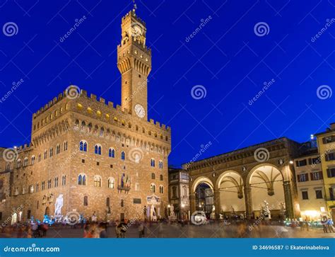 Night View Of Piazza Della Signoria And Palazzo Vecchio In Florence