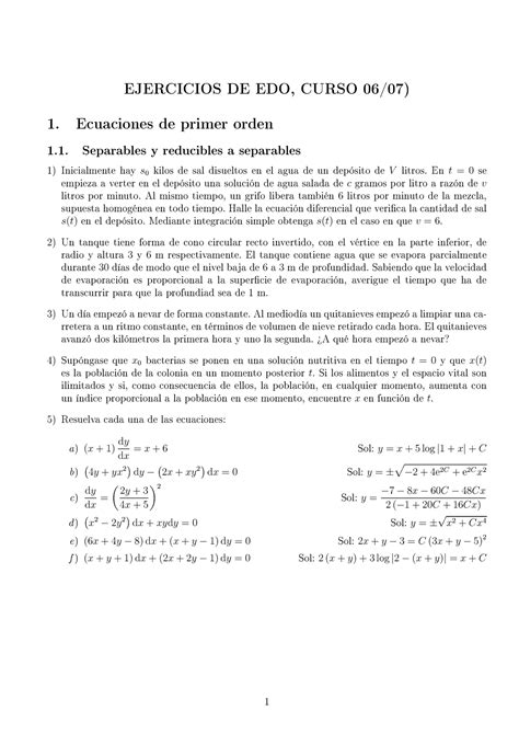 Ejercicios Con Soluci N EJERCICIOS DE EDO CURSO 06 07 1 Ecuaciones