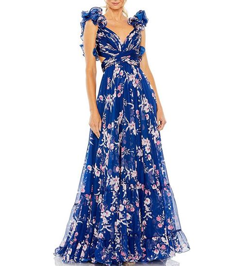 Mac Duggal Floral Chiffon V Neck Sleeveless Cut Out Strappy Back Detail