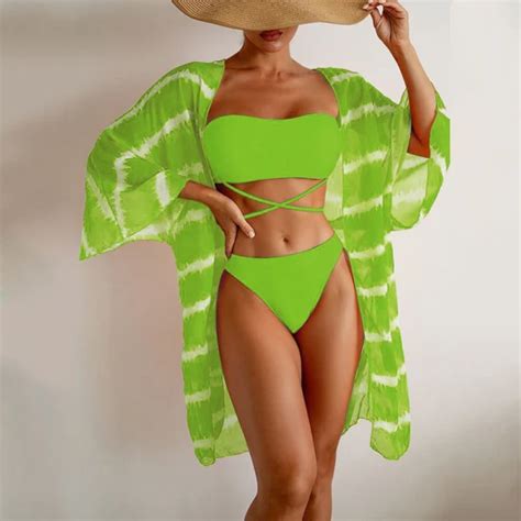 Beach Swimsuit Wavy Printing Mesh Cover Up Three Piece Bikini Set