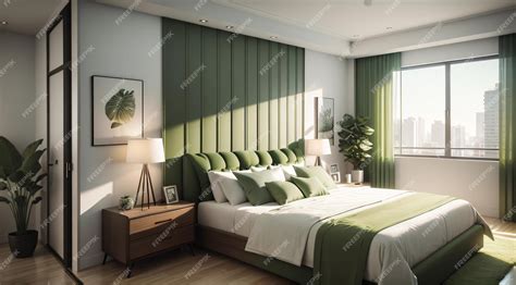 Premium Photo | A modern bedroom with wooden furniture in green tone