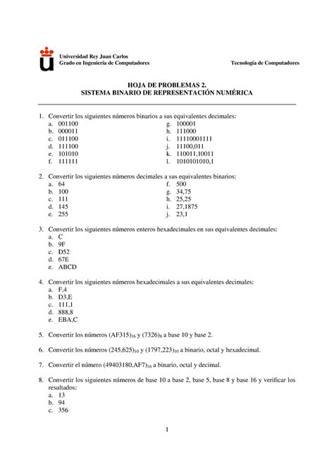 Tema Ejercicios Hoja De Problemas Sistema Binario De