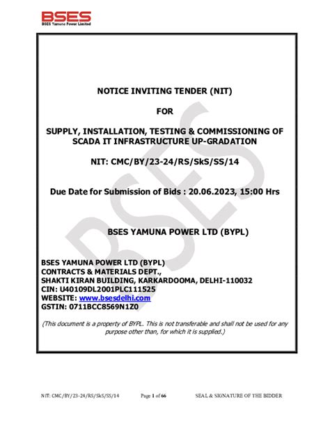 Fillable Online Notice Inviting Tender Nit For The Work Fax Email