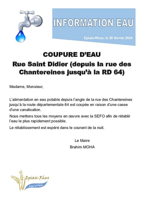 Actualités ATTENTION COUPURE D EAU ARRET BUS PROVISOIRE MAINTENU