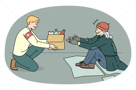 Caring Volunteer Give Food Box To Homeless Person Person Drawing