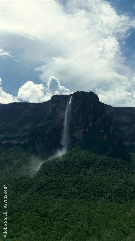 Vertical Aerial View Of Beautiful Angel Waterfall A Huge Flow Of Water