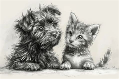 Cat and Dog. Illustration of Drawing Pencil Sketch Stock Illustration - Illustration of funny ...