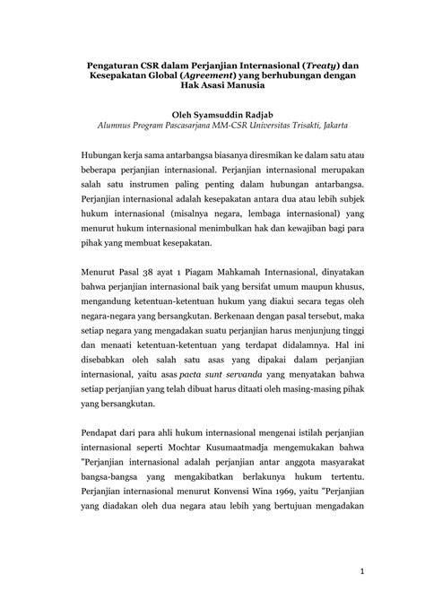 Pdf Pengaturan Csr Dalam Perjanjian Internasional Treaty Dan