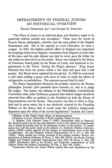 Impeachment of Federal Judges: An Historical Overview 49 North Carolina ...