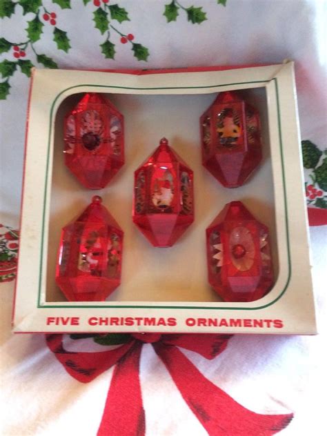 5 Vintage Jewelbrite Plastic Diorama Christmas Ornaments In Original