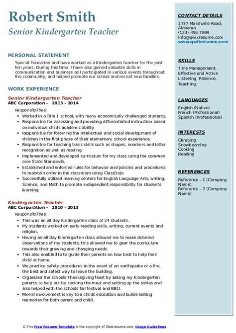 Kindergarten Teacher Resume Samples Qwikresume