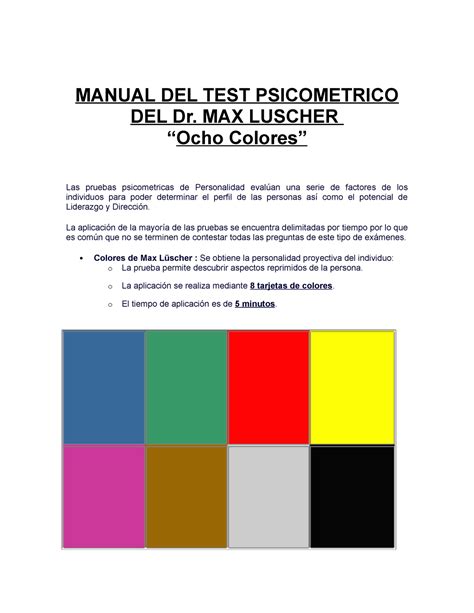 Test Max Luscher 8 Colores I MANUAL DEL TEST PSICOMETRICO DEL Dr