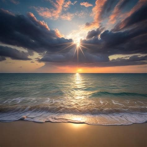 Premium AI Image | Sunset on a beach with a sunset and clouds