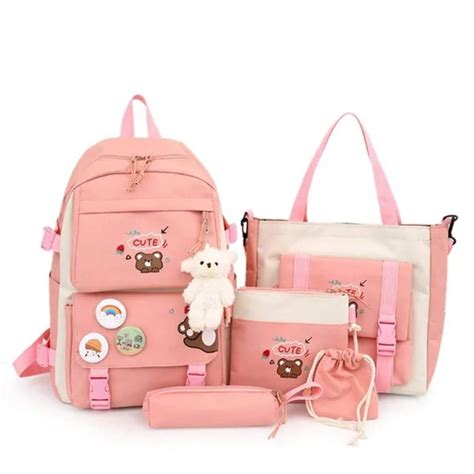 Mochila Coreana Kawai 5 en 1 con pines y peluche Niñas Colegio