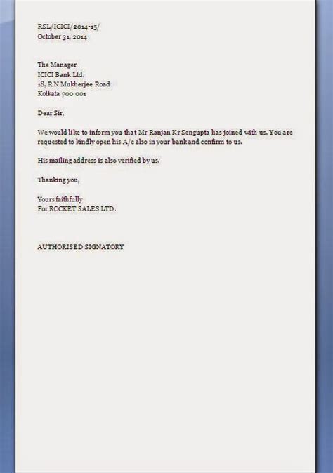 Salary Account Opening Companys Letter To Bank