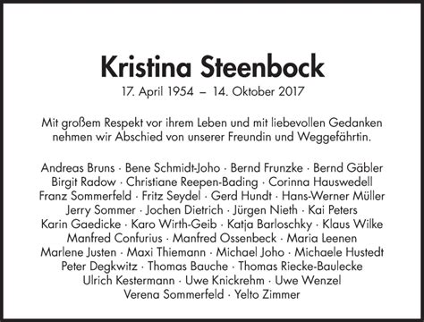 Traueranzeigen Von Kristina Steenbock Sz Gedenken De