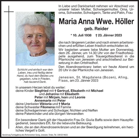 Traueranzeigen Von Maria Anna H Ller Trauer Bz