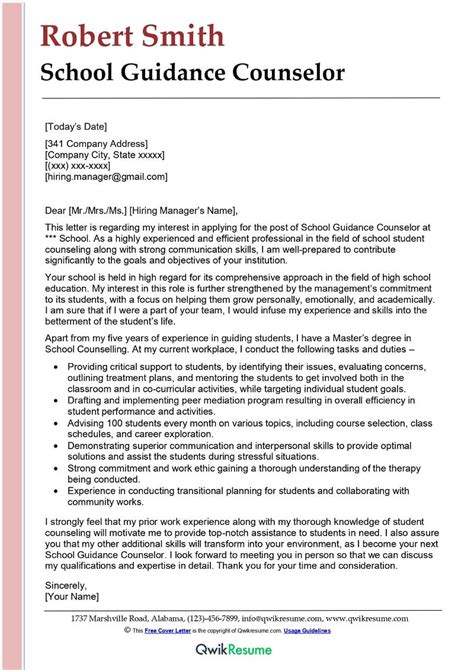 School Guidance Counselor Cover Letter Examples QwikResume