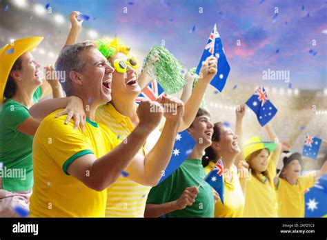 Australia fans on stadium. Australian supporters. Crowd cheering for ...