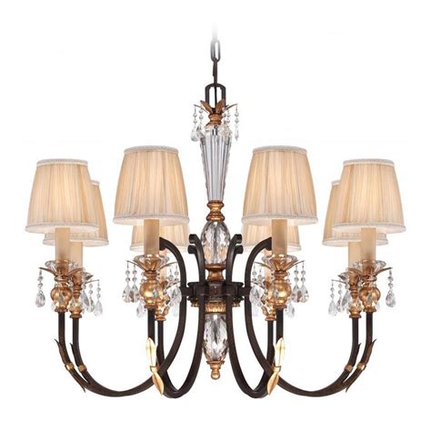 Crystal Six Light Chandelier In Bronze Finish With Pleated Shades