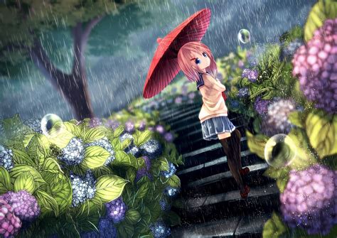 Fondos de pantalla Flores jardín Anime Chicas anime lluvia