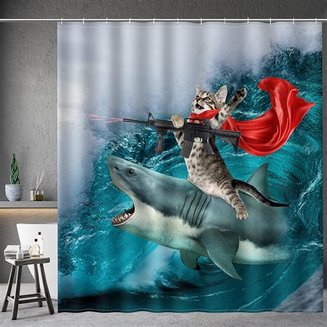 Amazon Funny Shark Cat Shower Curtain Cute Cat Riding Shark In