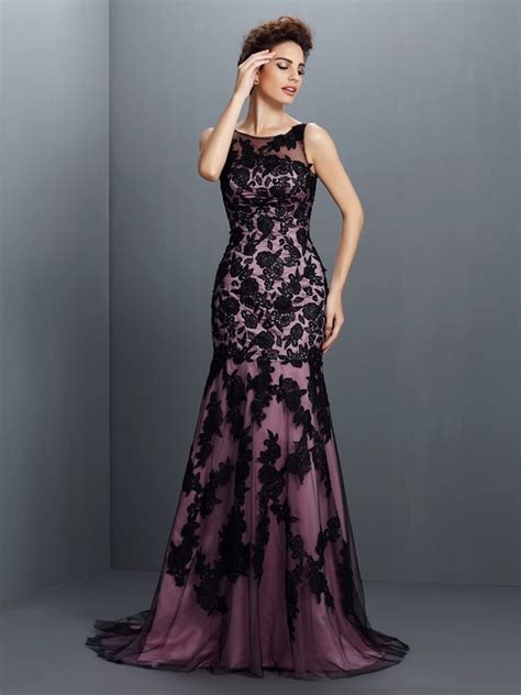 Trumpet Mermaid Bateau Applique Sleeveless Long Elastic Woven Satin