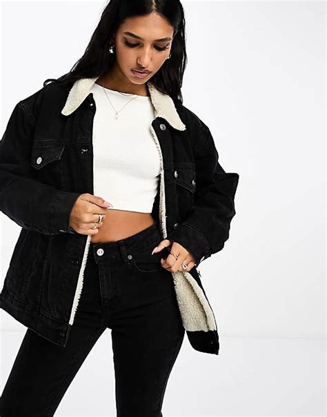 Asos Design Borg Collar Denim Jacket In Washed Black Asos