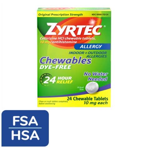 Zyrtec 24 Hour Allergy Relief Dye-Free Chewable Tablets Cetirizine HCl, 24 ct - Ralphs