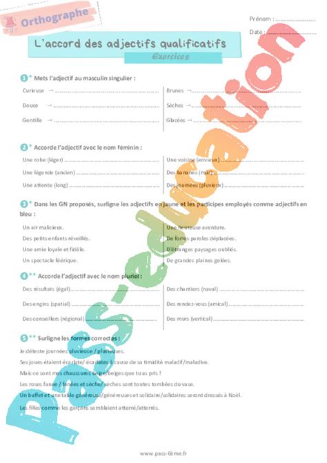 Accord Des Adjectifs Qualificatifs Exercices D Orthographe Pour La