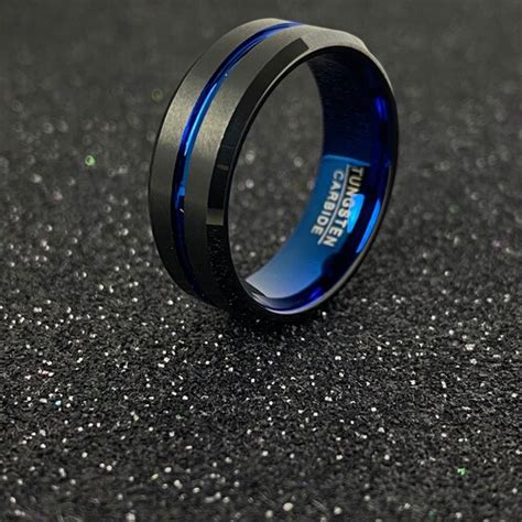 Black And Blue Tungsten Ring Blue Tungsten Wedding Band 4mm Etsy