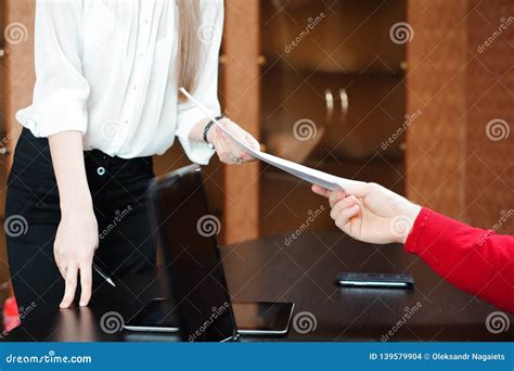 Business People Passing Document To Her Manager Stock Photo Image Of