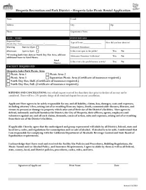 Fillable Online Hesperia Lake Picnic Rental Application Fax Email Print