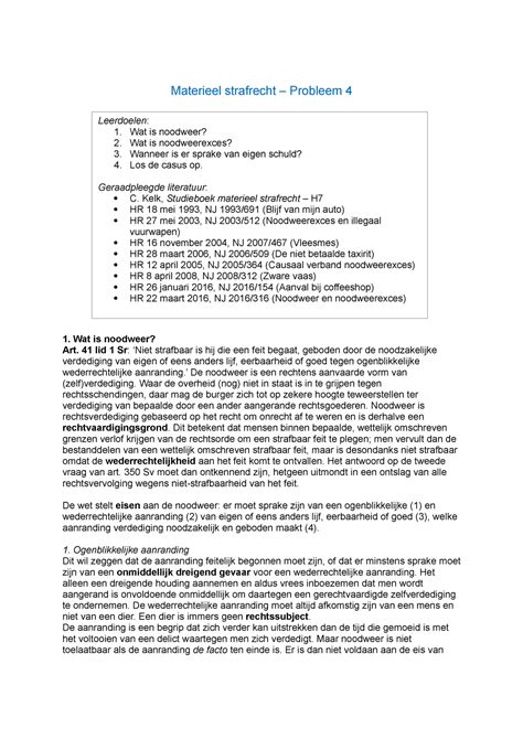 Materieel Strafrecht Probleem 4 Wat Is Noodweer 2 Wat Is