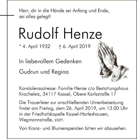 Traueranzeigen Von Rudolf Henze Trauer HNA De