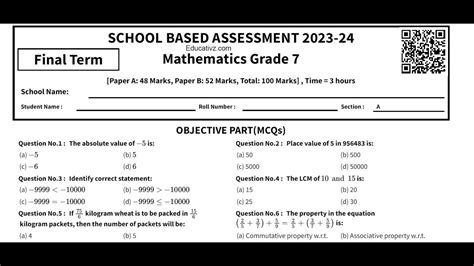 Class 7 Mathematics Final Term Paper English School Based Assessment