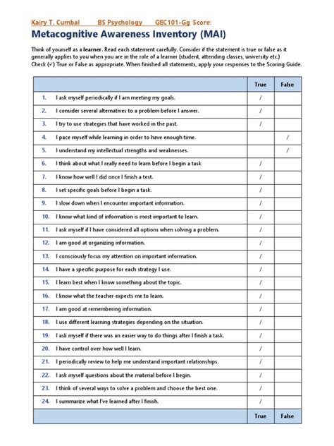 Metacognitive - Awareness - Inventory (MAI) | PDF | Reading Comprehension | Learning