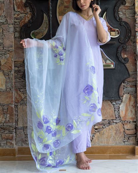 Lilac Kurta Set With Hand Painted Organza Dupatta By Avaasya Clothing