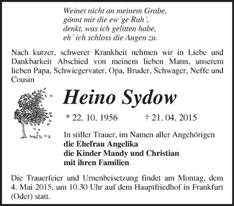 Traueranzeigen von Heino Sydow Märkische Onlinezeitung Trauerportal