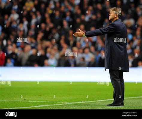 Manchester City Manager Roberto Mancini Gestures On The Touchline Stock