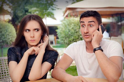 Angry Girl Listening To Her Boyfriend Talking On The Phone Stock Image Image Of Eavesdrop