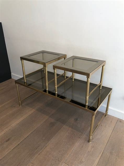 Proantic Table Basse En Laiton Et Verres Fumés Avec 2 Tables Gigogne