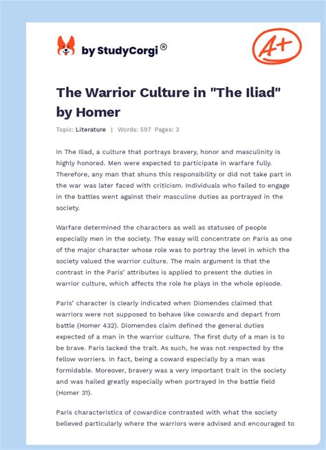 The Warrior Culture In The Iliad By Homer Free Essay Example